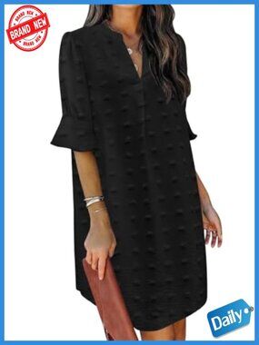 Women's Casual Shift Mini Dress with Ruffle Sleeve, V-Neck, Flowy Swing Style,